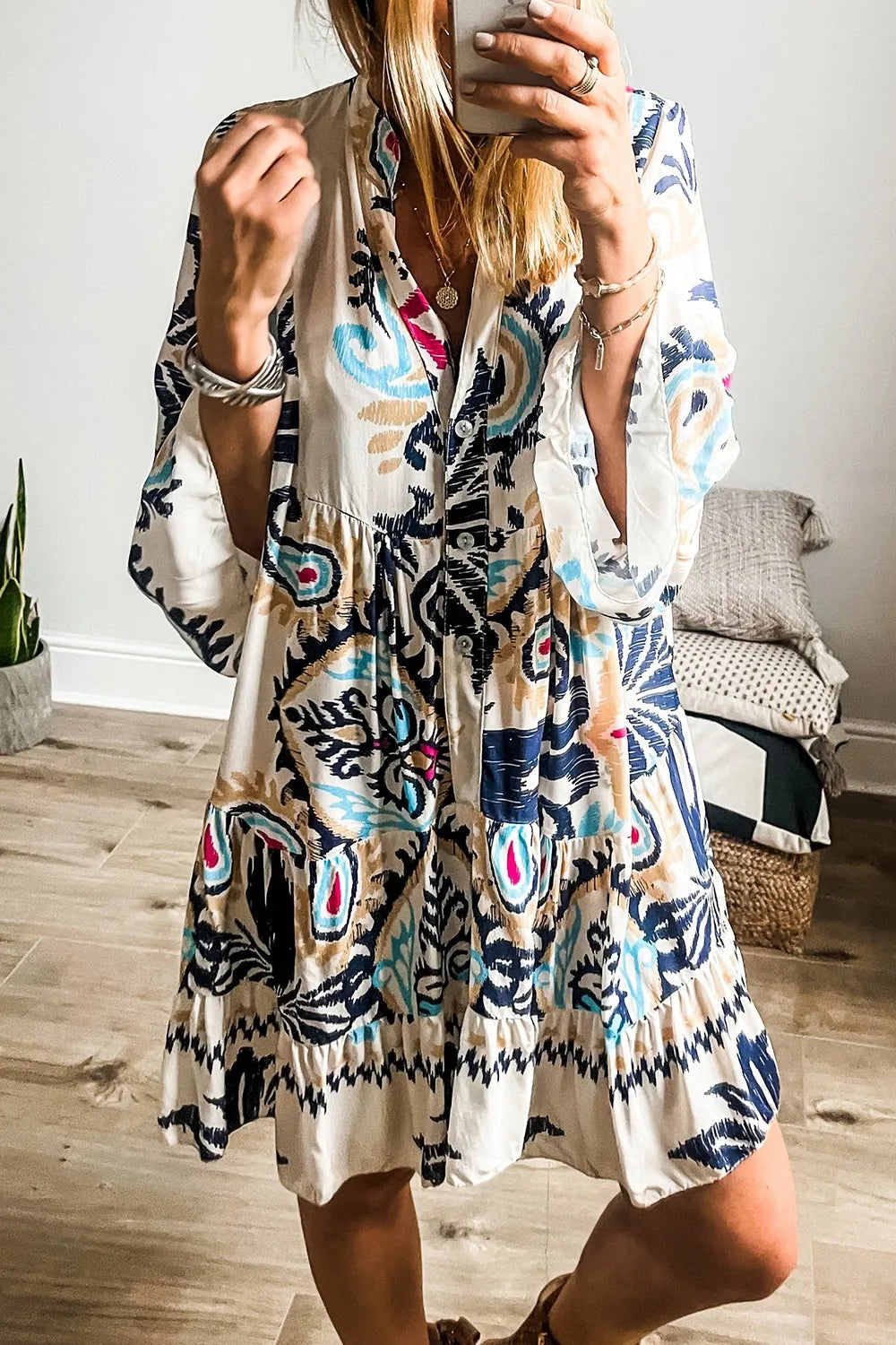 Printed Notched Three-Quarter Sleeve Mini Dress Beige / S