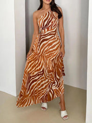 Printed One Shoulder Asymmetrical Maxi Dress Caramel / S