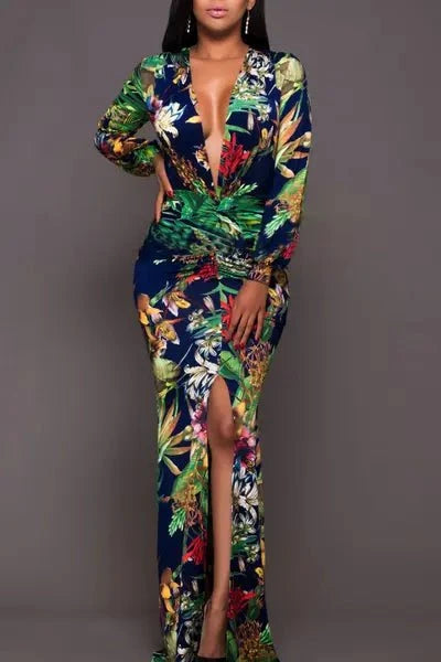 Printed Plunge Neck Leg Split Maxi Dress Multicolor Print / S
