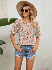 Printed Puff Sleeve Casual Blouse