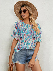 Printed Puff Sleeve Casual Blouse Flower Green / S