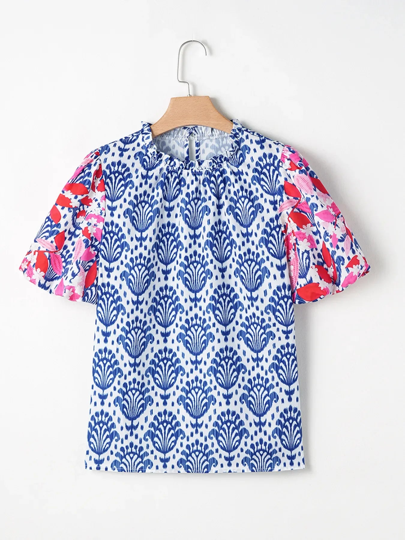 Printed Puff Sleeve Frilled Neck Blouse