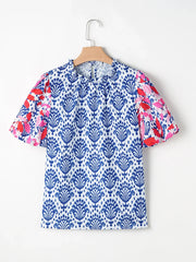 Printed Puff Sleeve Frilled Neck Blouse