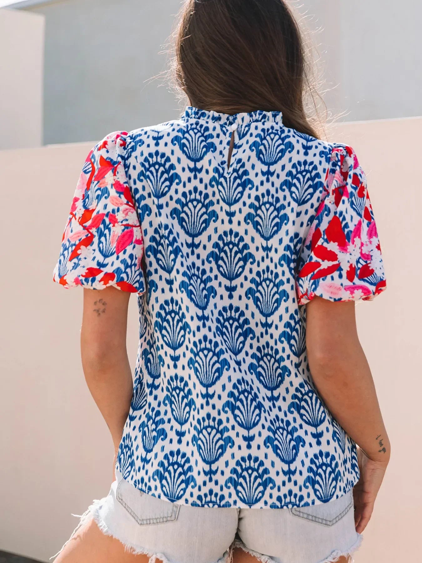 Printed Puff Sleeve Frilled Neck Blouse