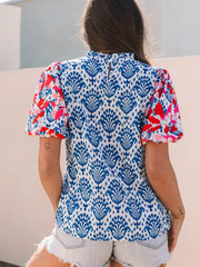 Printed Puff Sleeve Frilled Neck Blouse