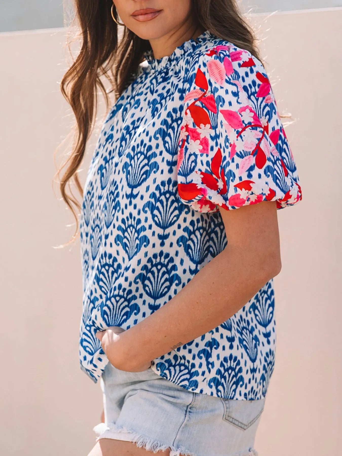 Printed Puff Sleeve Frilled Neck Blouse