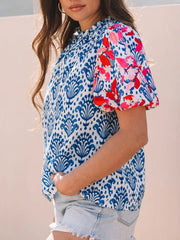 Printed Puff Sleeve Frilled Neck Blouse