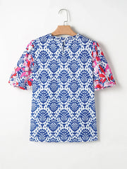 Printed Puff Sleeve Frilled Neck Blouse
