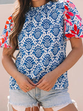 Printed Puff Sleeve Frilled Neck Blouse Blue / S