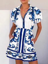 Printed Puff Sleeve Top and Skirt Set Blue / S
