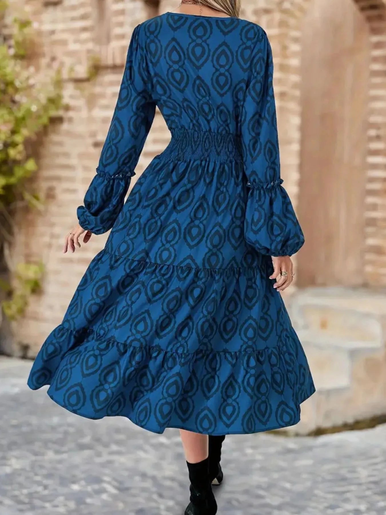 Printed Round Neck Balloon Sleeve Dress