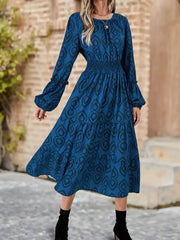 Printed Round Neck Balloon Sleeve Dress