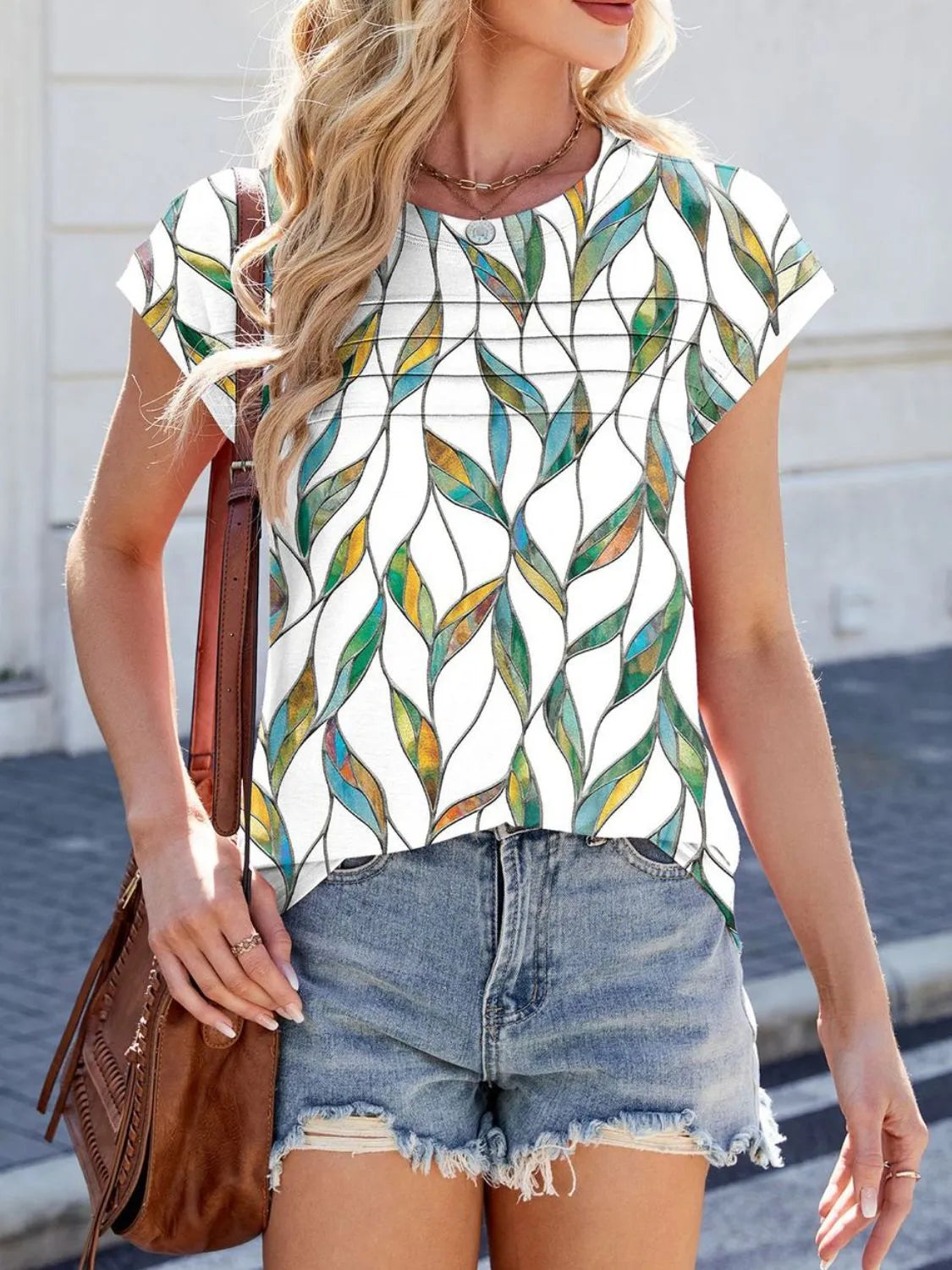 Printed Round Neck Cap Sleeve Top
