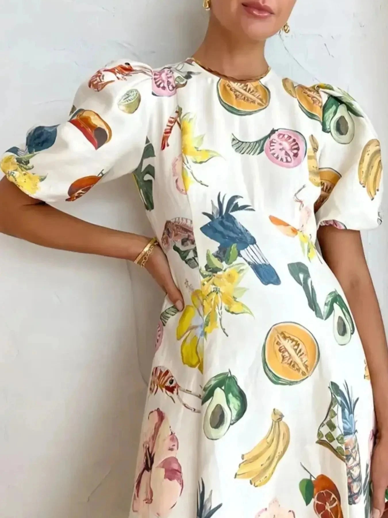 Printed Round Neck Puff Sleeve Dress