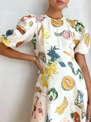 Printed Round Neck Puff Sleeve Dress
