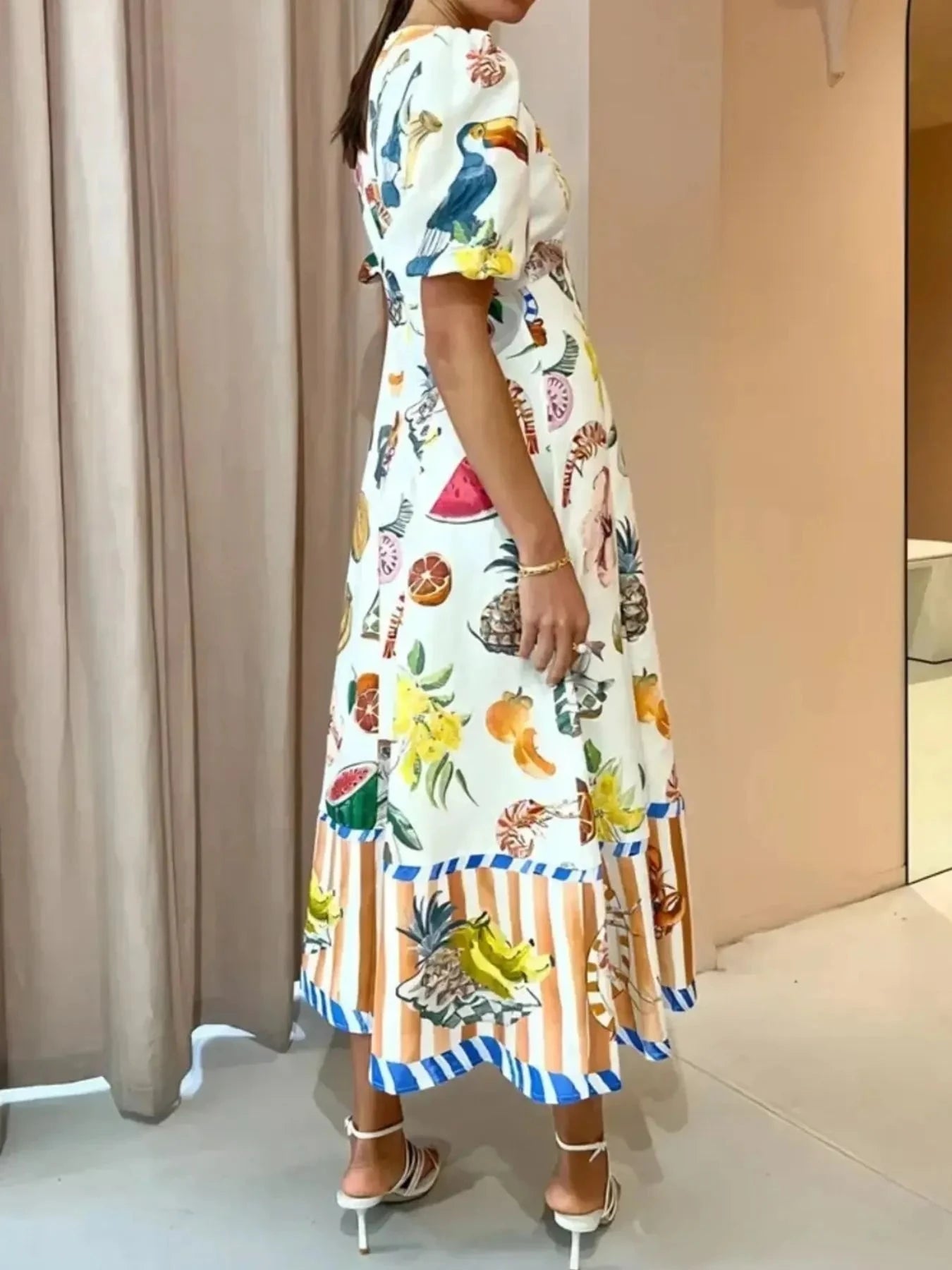 Printed Round Neck Puff Sleeve Dress