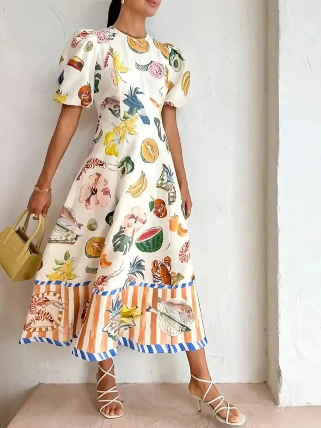 Printed Round Neck Puff Sleeve Dress White / S