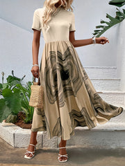 Printed Round Neck Short Sleeve Dress Apricot / S