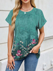 Printed Round Neck Short Sleeve Top Teal / S