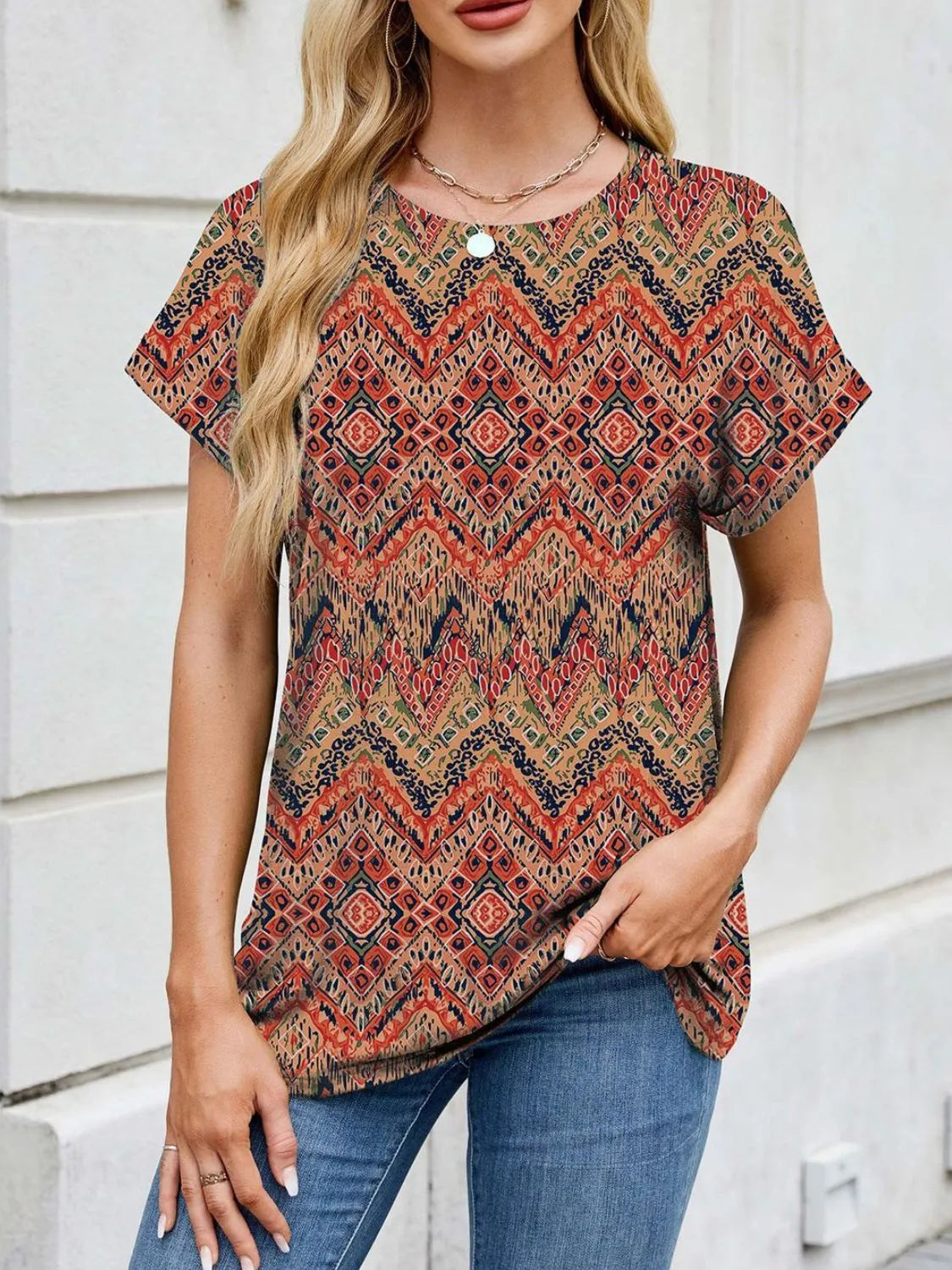 Printed Round Neck Short Sleeve Top Terracotta / L
