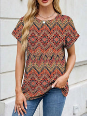 Printed Round Neck Short Sleeve Top Terracotta / L