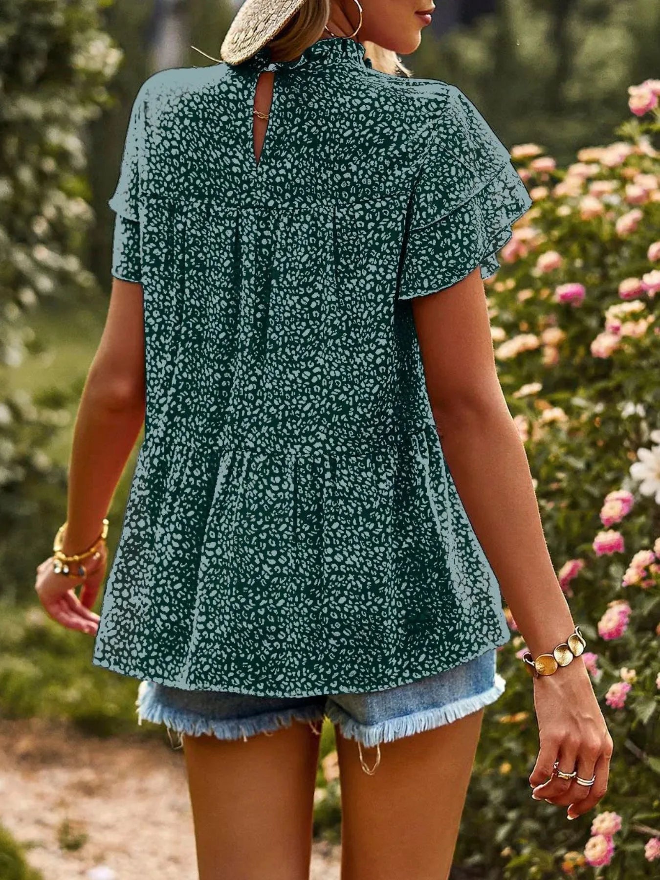 Printed Ruffle Sleeve Babydoll Blouse