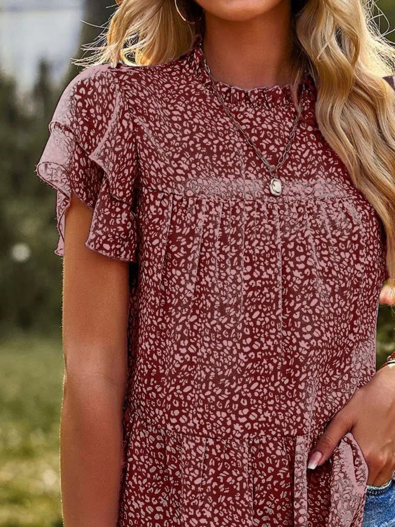 Printed Ruffle Sleeve Babydoll Blouse
