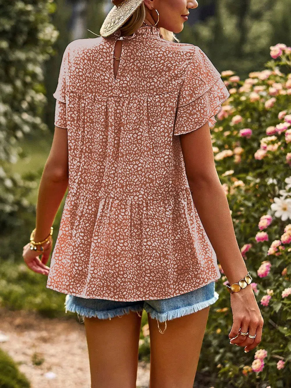 Printed Ruffle Sleeve Babydoll Blouse