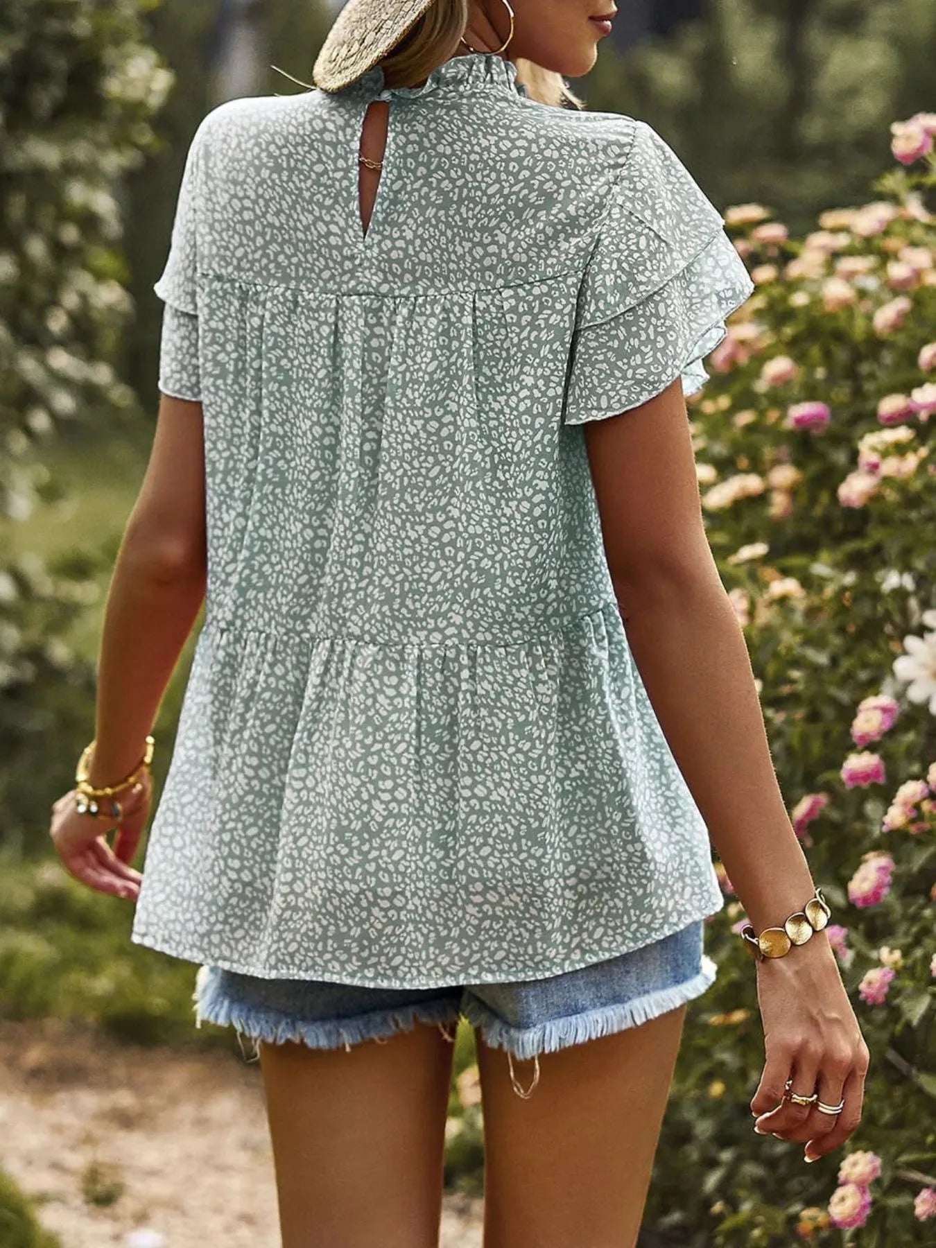 Printed Ruffle Sleeve Babydoll Blouse