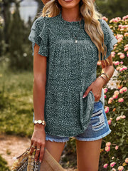 Printed Ruffle Sleeve Babydoll Blouse Dark Green / S