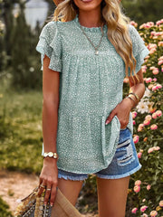 Printed Ruffle Sleeve Babydoll Blouse Green / S