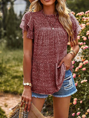 Printed Ruffle Sleeve Babydoll Blouse Red / S