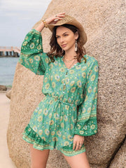 Printed Ruffled Balloon Sleeve Romper Green / S