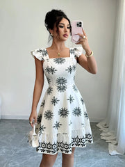 Printed Ruffled Cap Sleeve Dress