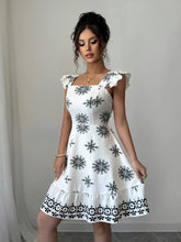 Printed Ruffled Cap Sleeve Dress White / S