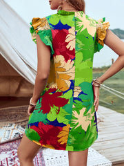 Printed Ruffled Cap Sleeve Mini Dress