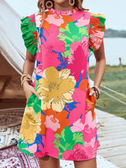 Printed Ruffled Cap Sleeve Mini Dress Pink / XS