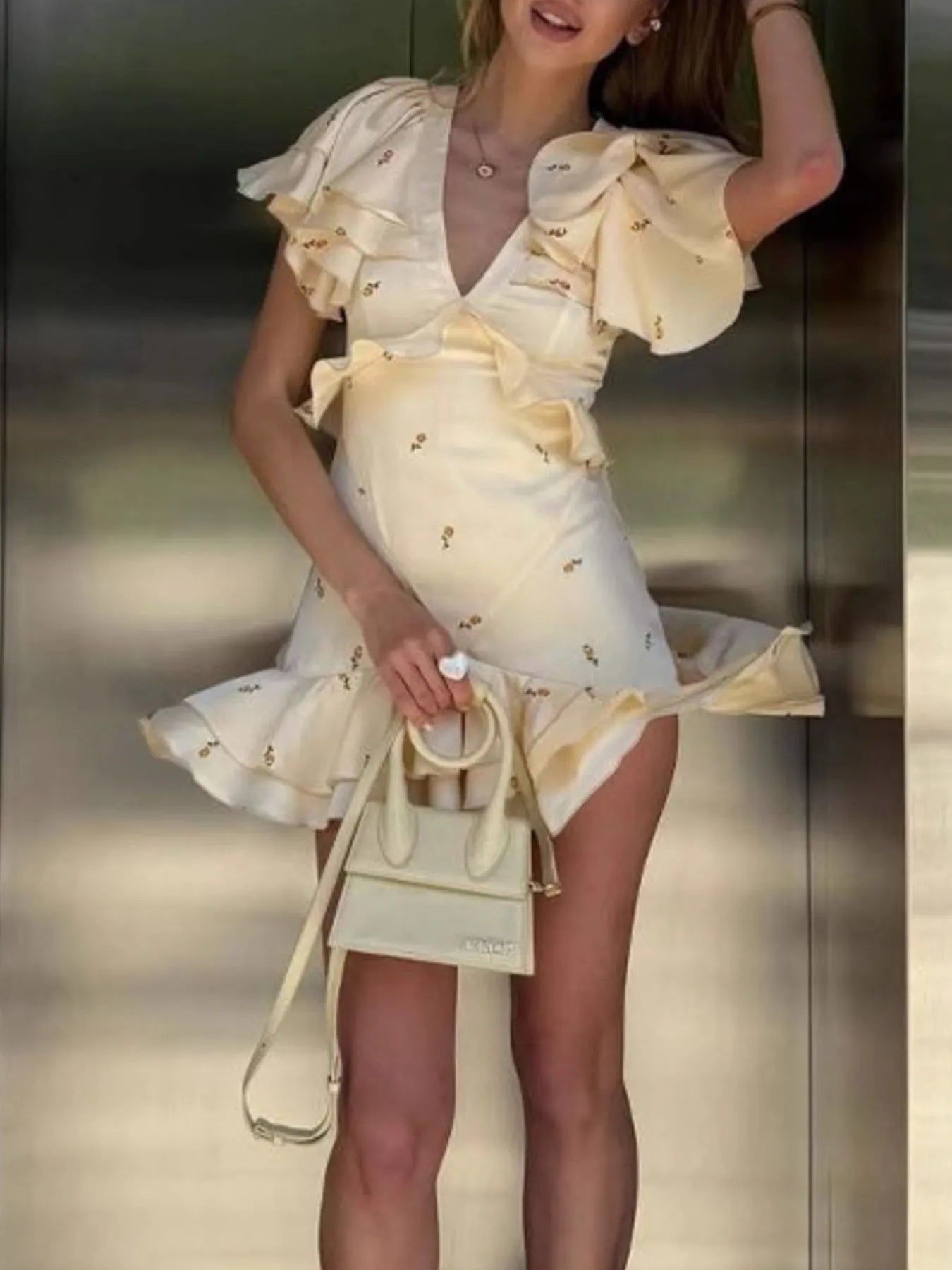 Printed Ruffled Flutter Sleeve Mini Dress