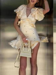 Printed Ruffled Flutter Sleeve Mini Dress