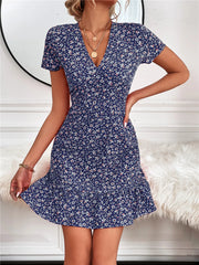 Printed Ruffled Hem V-Neck Short Sleeve Mini Dress