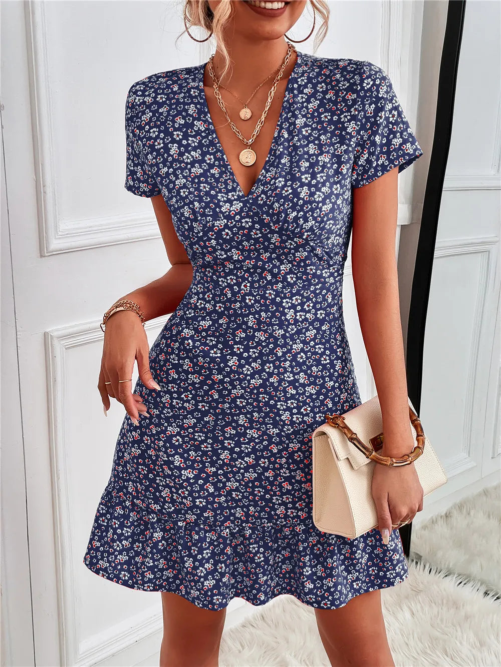 Printed Ruffled Hem V-Neck Short Sleeve Mini Dress Blue Floral / S