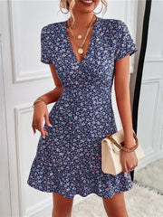 Printed Ruffled Hem V-Neck Short Sleeve Mini Dress Blue Floral / S