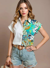 Printed Short Sleeve Button-Up Shirt White / S