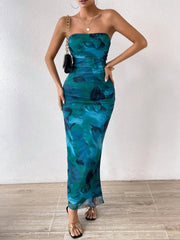 Printed Side Slit Tube Dress Blue / XS