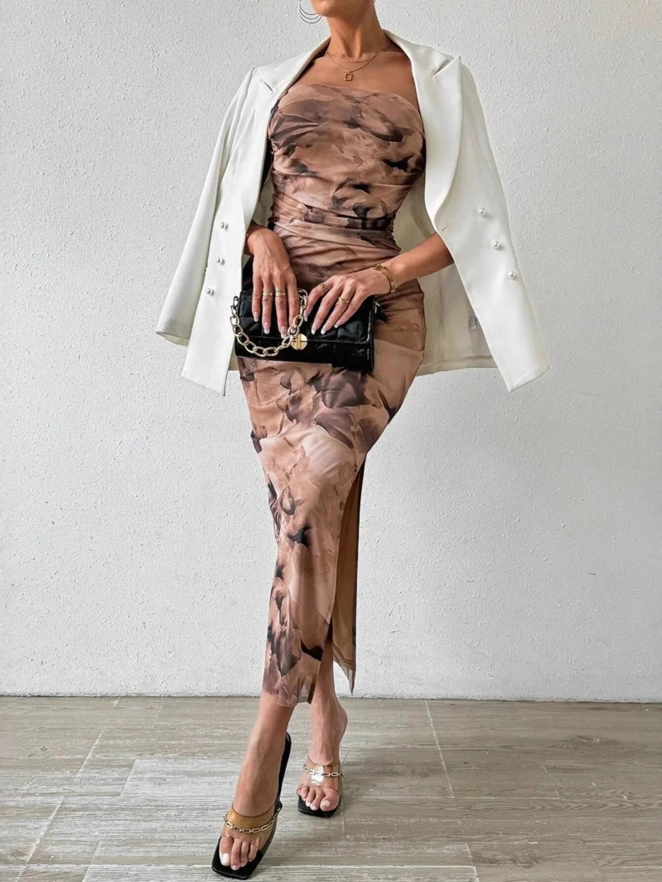 Printed Side Slit Tube Dress Camel / XS
