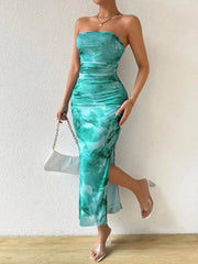 Printed Side Slit Tube Dress Cyan / XS