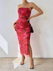 Printed Side Slit Tube Dress Red / XS