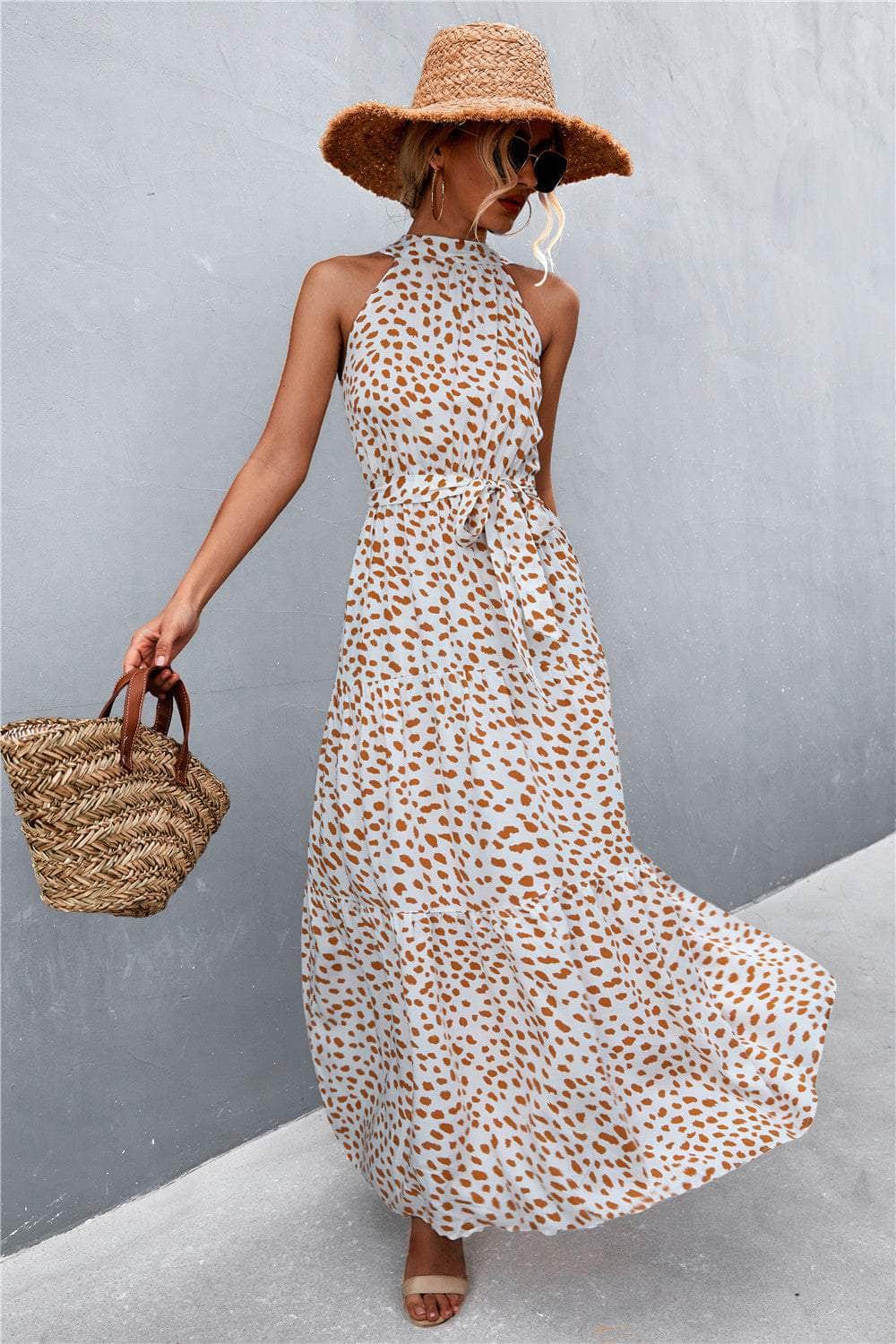Printed Sleeveless Tie Waist Maxi Dress Beige / S