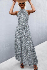 Printed Sleeveless Tie Waist Maxi Dress Black/Floral / S