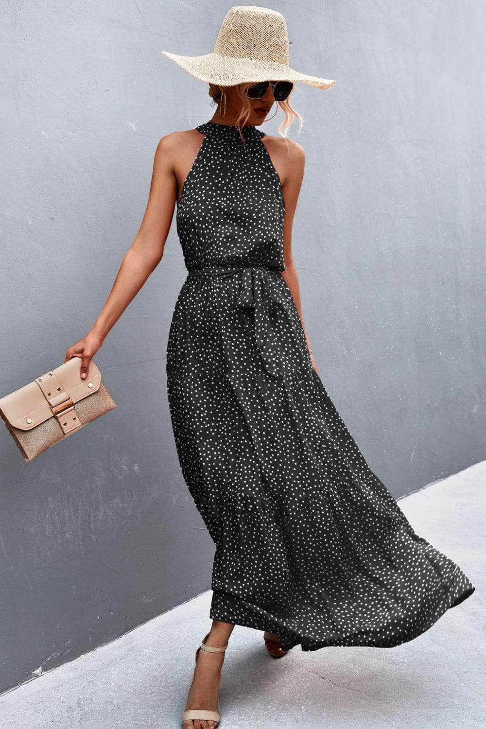 Printed Sleeveless Tie Waist Maxi Dress Black / S